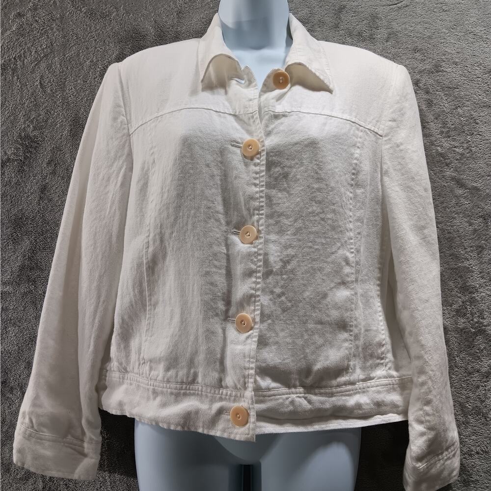 Talbots Petites Irish‎ Linen Jacket White Women's Size 14 Long Sleeves